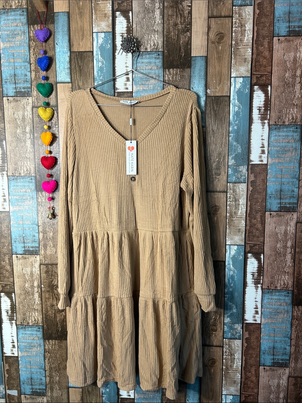 Ribbed V-Neck Tiered Long Sleeve Dress